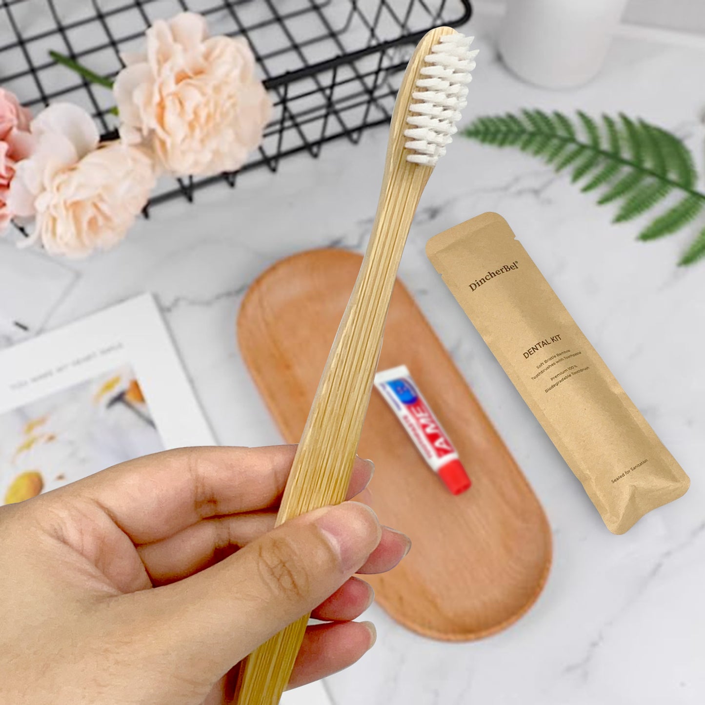 Disposable Bamboo Toothbrushes with Toothpaste(6g) | BPA Free Soft Bristles | Eco-Friendly | Individually Sealed & Biodegradable Bamboo Toothbrushes