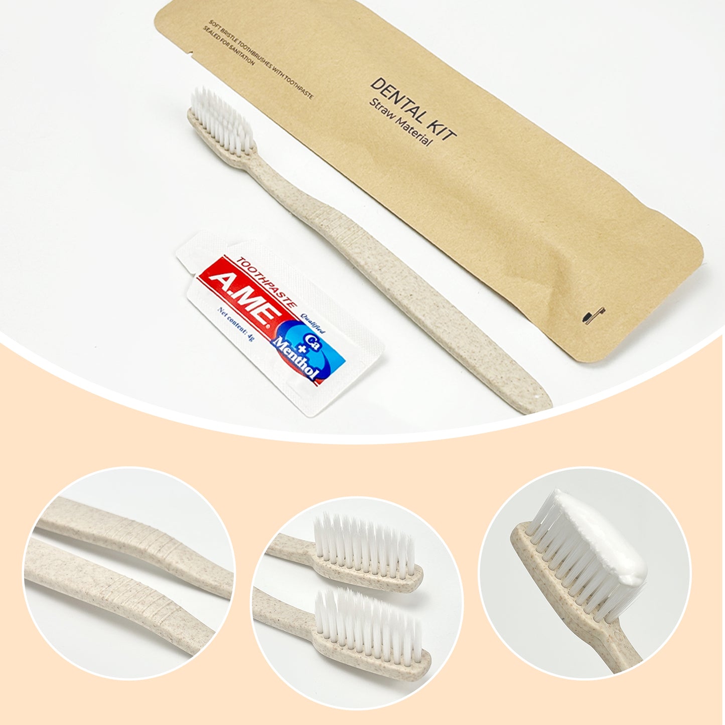 Disposable Dental Kit Individually Wrapped Wheat Straw Travel Include Toothbrush and Toothpaste
