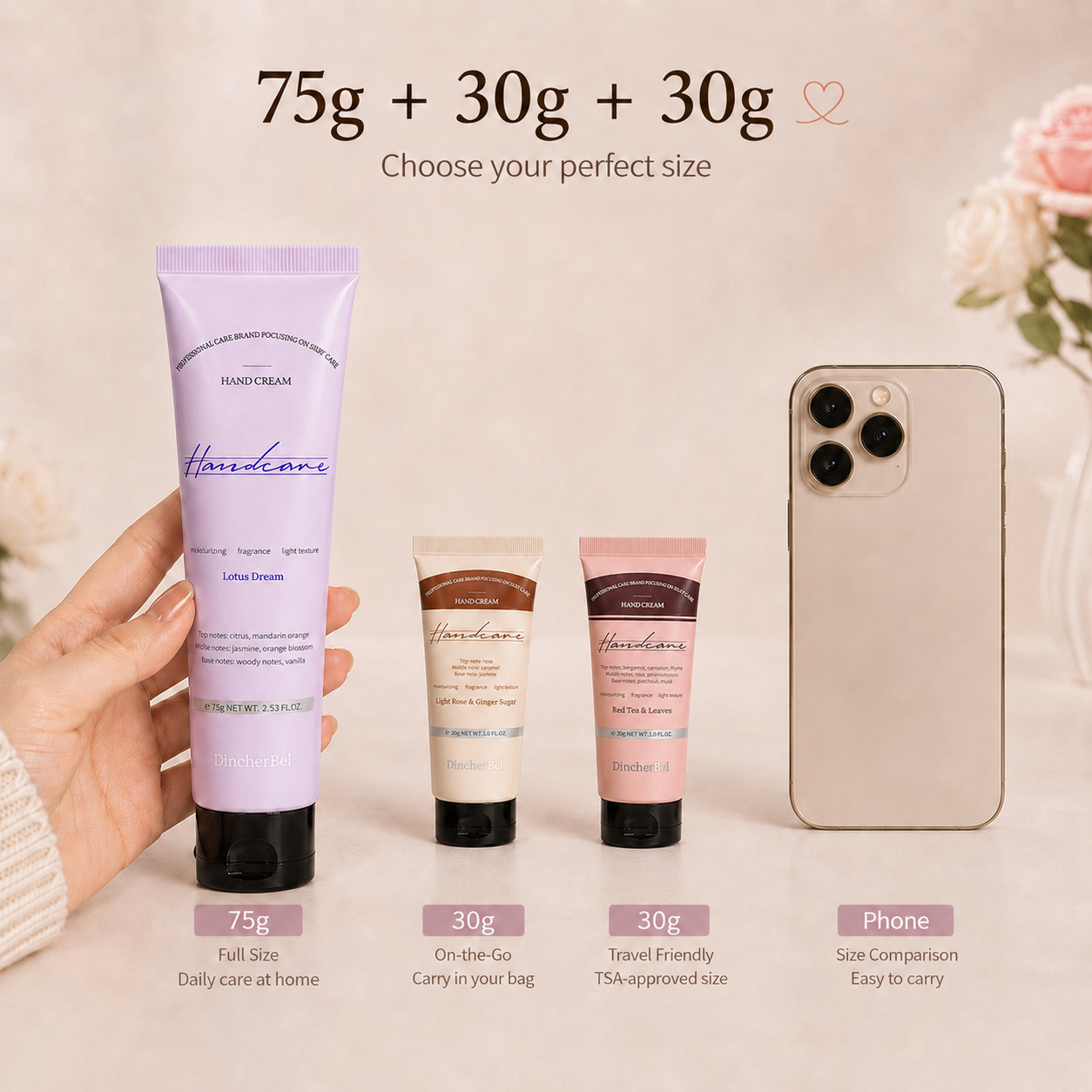 Tea & Flower Dream Hand Cream Gift Set, 3-Piece Scented Hand Cream Set, Lotus Dream 75g + 2 Travel Size 30g, Moisturizing Hand Cream for Dry Hands, Floral Tea Fragrance Gift for Women