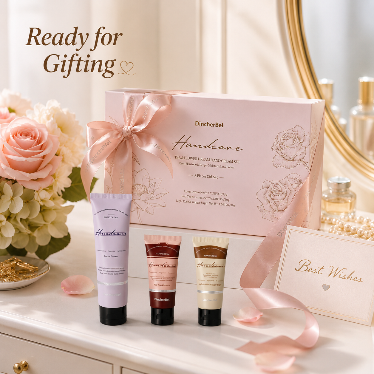 Tea & Flower Dream Hand Cream Gift Set, 3-Piece Scented Hand Cream Set, Lotus Dream 75g + 2 Travel Size 30g, Moisturizing Hand Cream for Dry Hands, Floral Tea Fragrance Gift for Women