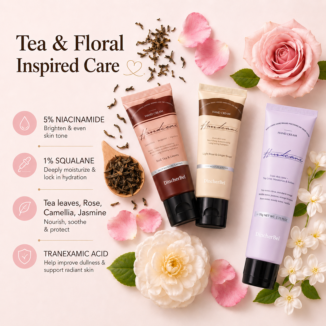 Tea & Flower Dream Hand Cream Gift Set, 3-Piece Scented Hand Cream Set, Lotus Dream 75g + 2 Travel Size 30g, Moisturizing Hand Cream for Dry Hands, Floral Tea Fragrance Gift for Women