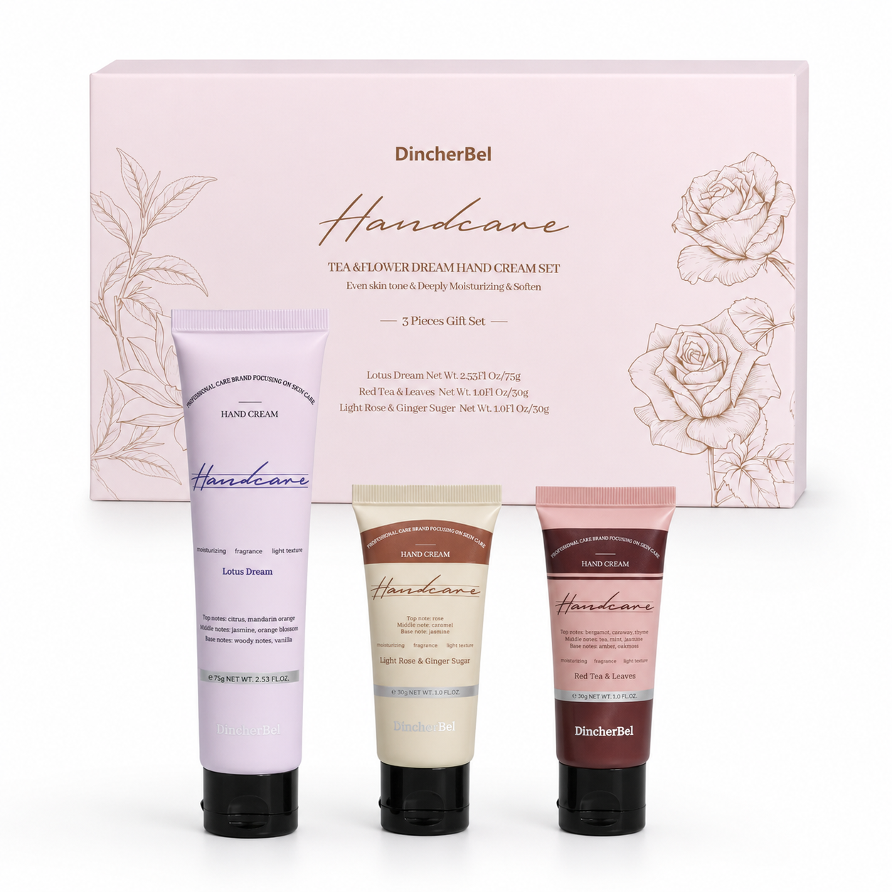 Tea & Flower Dream Hand Cream Gift Set, 3-Piece Scented Hand Cream Set, Lotus Dream 75g + 2 Travel Size 30g, Moisturizing Hand Cream for Dry Hands, Floral Tea Fragrance Gift for Women