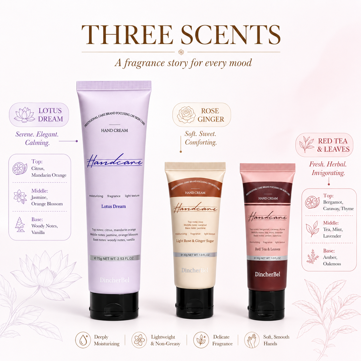 Tea & Flower Dream Hand Cream Gift Set, 3-Piece Scented Hand Cream Set, Lotus Dream 75g + 2 Travel Size 30g, Moisturizing Hand Cream for Dry Hands, Floral Tea Fragrance Gift for Women