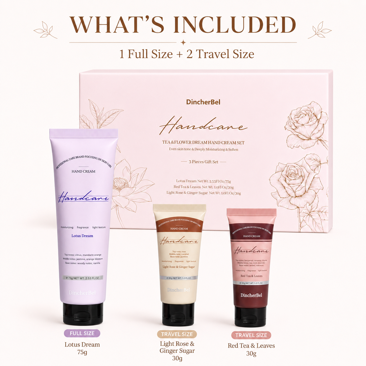 Tea & Flower Dream Hand Cream Gift Set, 3-Piece Scented Hand Cream Set, Lotus Dream 75g + 2 Travel Size 30g, Moisturizing Hand Cream for Dry Hands, Floral Tea Fragrance Gift for Women